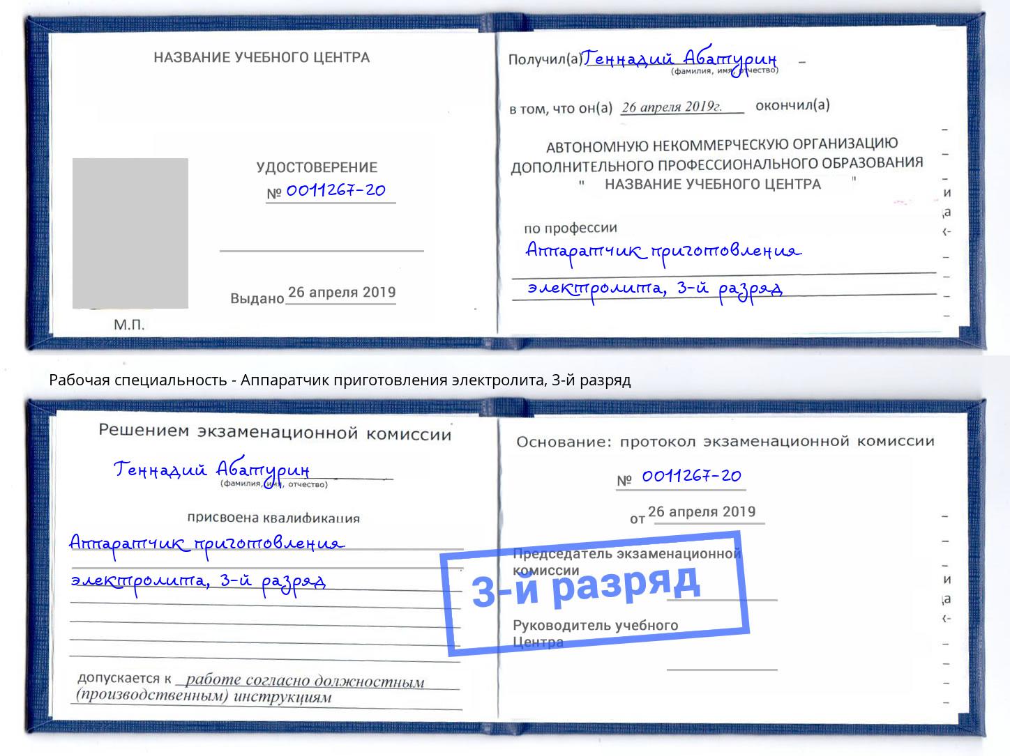 корочка 3-й разряд Аппаратчик приготовления электролита Красногорск