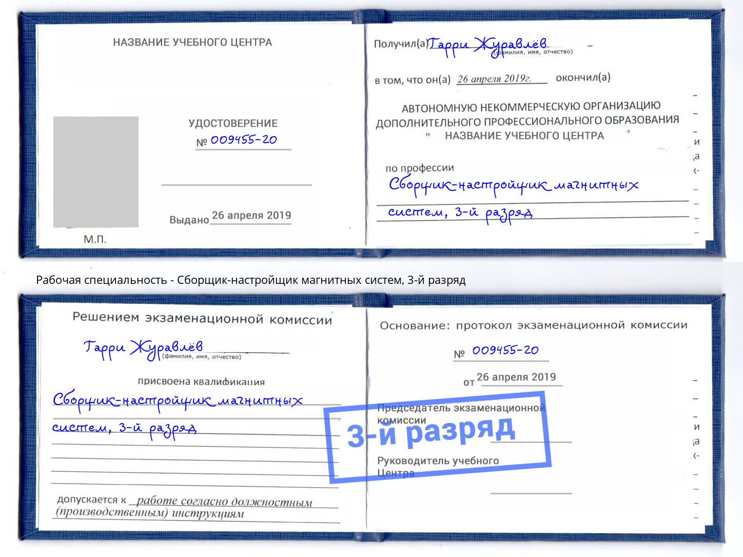 корочка 3-й разряд Сборщик-настройщик магнитных систем Красногорск