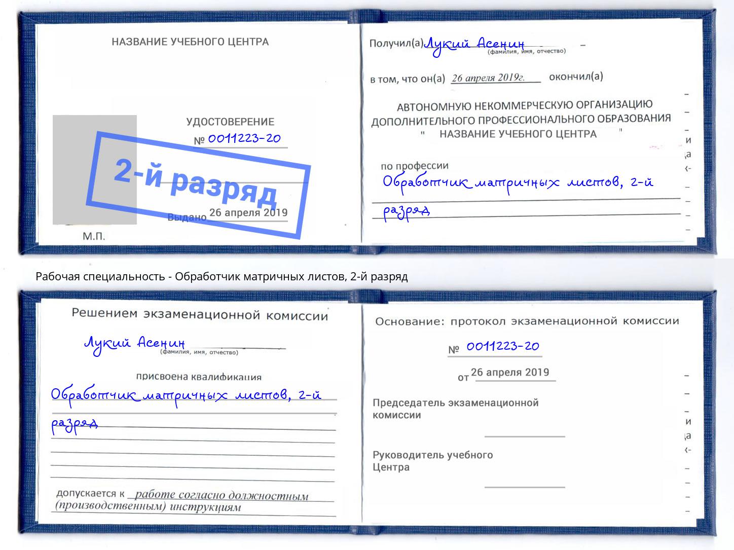 корочка 2-й разряд Обработчик матричных листов Красногорск