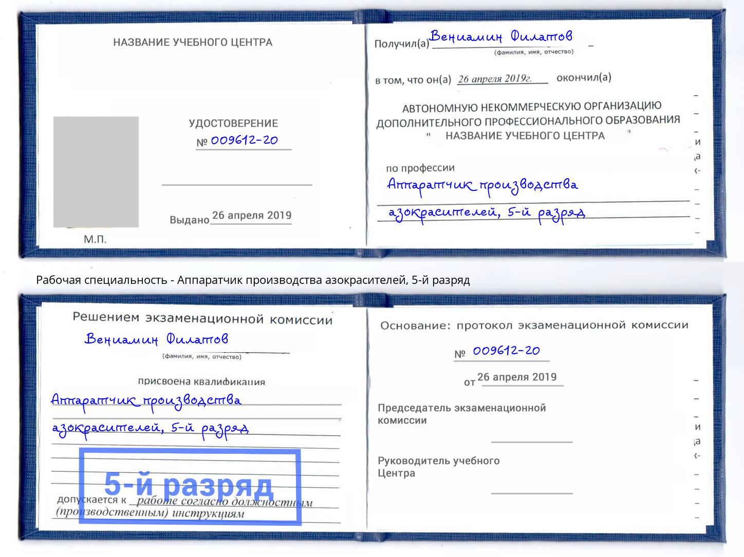 корочка 5-й разряд Аппаратчик производства азокрасителей Красногорск