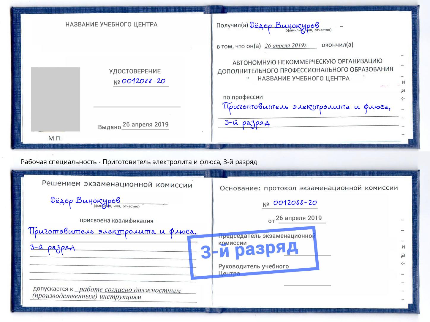 корочка 3-й разряд Приготовитель электролита и флюса Красногорск